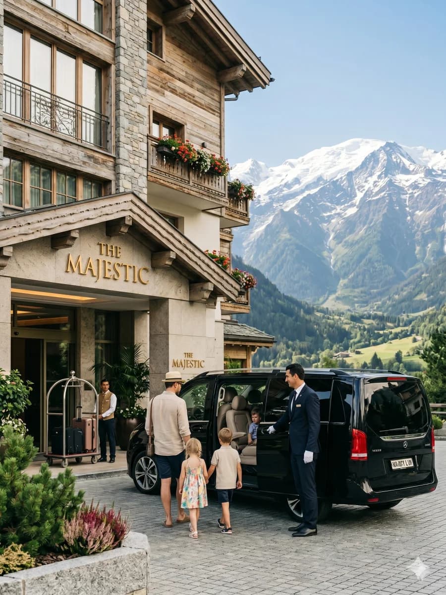 Mercedes V-Class at The Majestic hotel with Alps backdrop